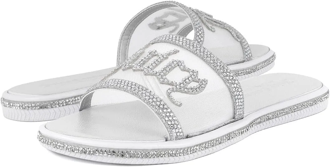 Juicy Couture Women's Slide Sandals - Glitter Bling Open Toe Sparkle Flats - Dressy Summer Casual Footwear
