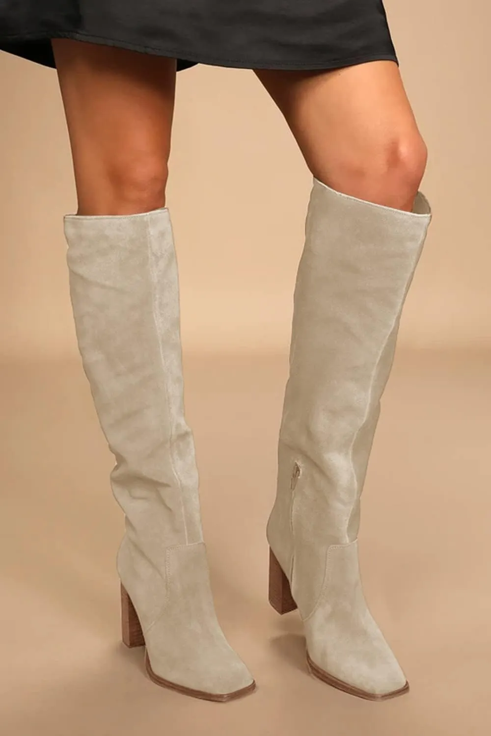 Juliet Holy Womens Knee High Boots Chunky High Heel Square Toe Side Zipper Wide Calf Boot