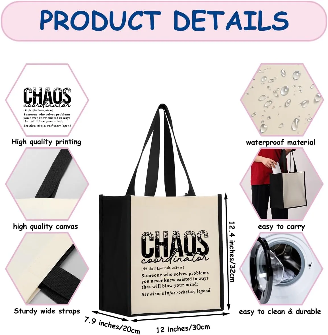 Jztco Chaos Coordinator Thank You Appreciation Gifts for Women Girls Friends Waterproof Tote Bag Reusable Grocery Bag