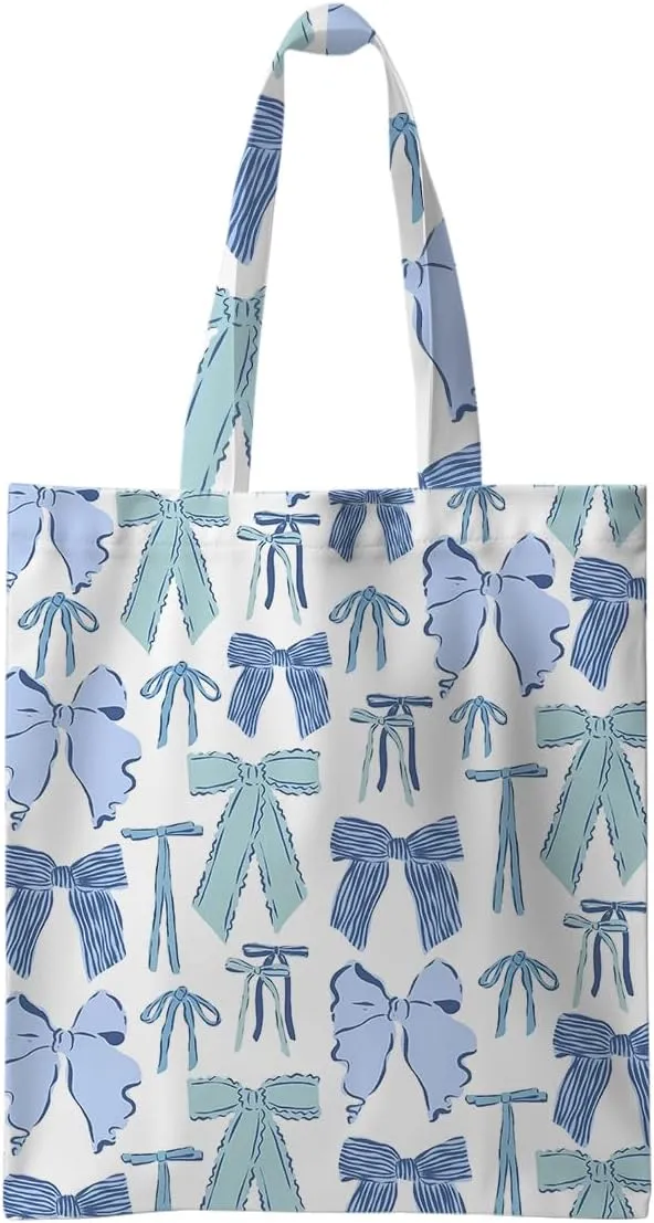 Jztco Preppy Tote Bag, Aesthetic Bows Strawberry Beach Bag, Cat Lovers Gifts for Women Sister, Reusable Grocery Bags