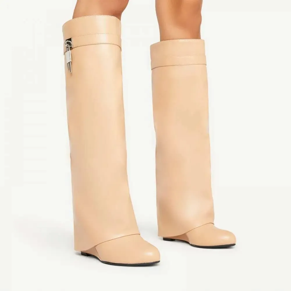 keleimusi Fold Over Wedge Boots Heeled PadLock Pant Knee High Shoes Tall/Short Booties in Black