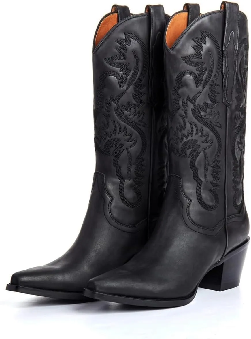 keleimusi Women's Western Embroidered Cowgirl Boots for Women Knee High Wide Calf Cowboy Boots Slip On Pointed Toe Chunky Heel Pull-On Tall Boots