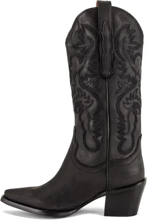 keleimusi Women's Western Embroidered Cowgirl Boots for Women Knee High Wide Calf Cowboy Boots Slip On Pointed Toe Chunky Heel Pull-On Tall Boots