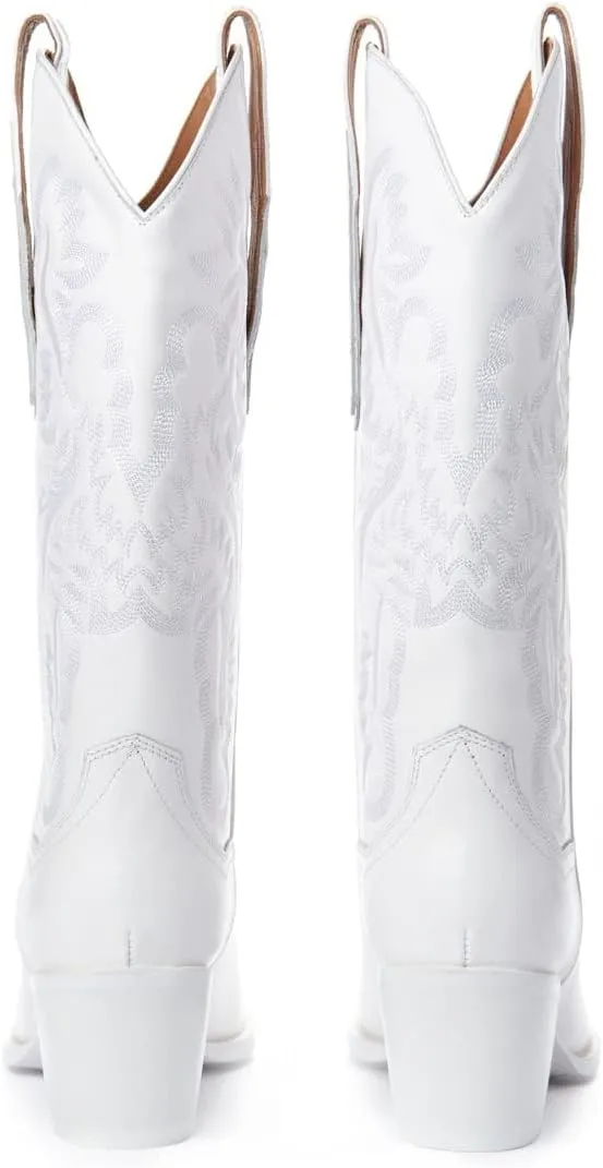 keleimusi Women's Western Embroidered Cowgirl Boots for Women Knee High Wide Calf Cowboy Boots Slip On Pointed Toe Chunky Heel Pull-On Tall Boots