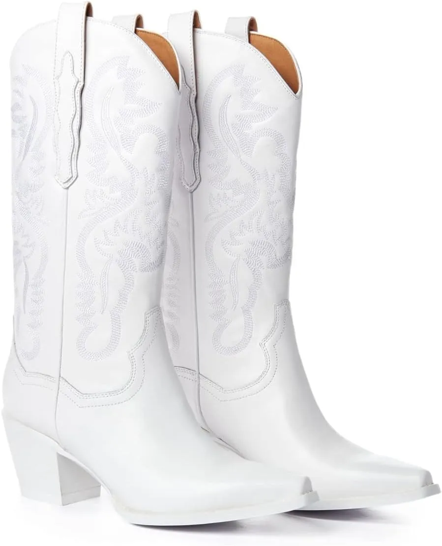 keleimusi Women's Western Embroidered Cowgirl Boots for Women Knee High Wide Calf Cowboy Boots Slip On Pointed Toe Chunky Heel Pull-On Tall Boots
