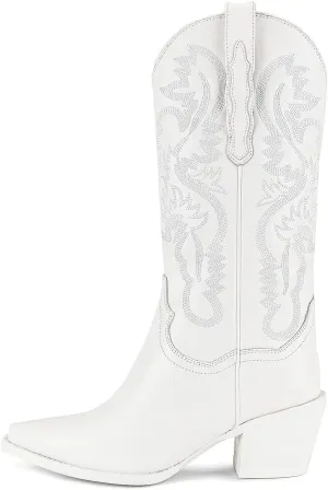 keleimusi Women's Western Embroidered Cowgirl Boots for Women Knee High Wide Calf Cowboy Boots Slip On Pointed Toe Chunky Heel Pull-On Tall Boots