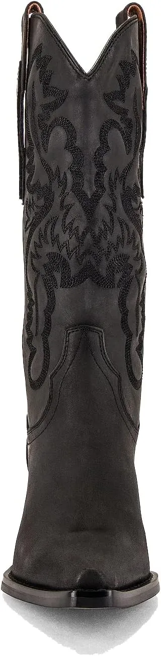 keleimusi Women's Western Embroidered Cowgirl Boots for Women Knee High Wide Calf Cowboy Boots Slip On Pointed Toe Chunky Heel Pull-On Tall Boots