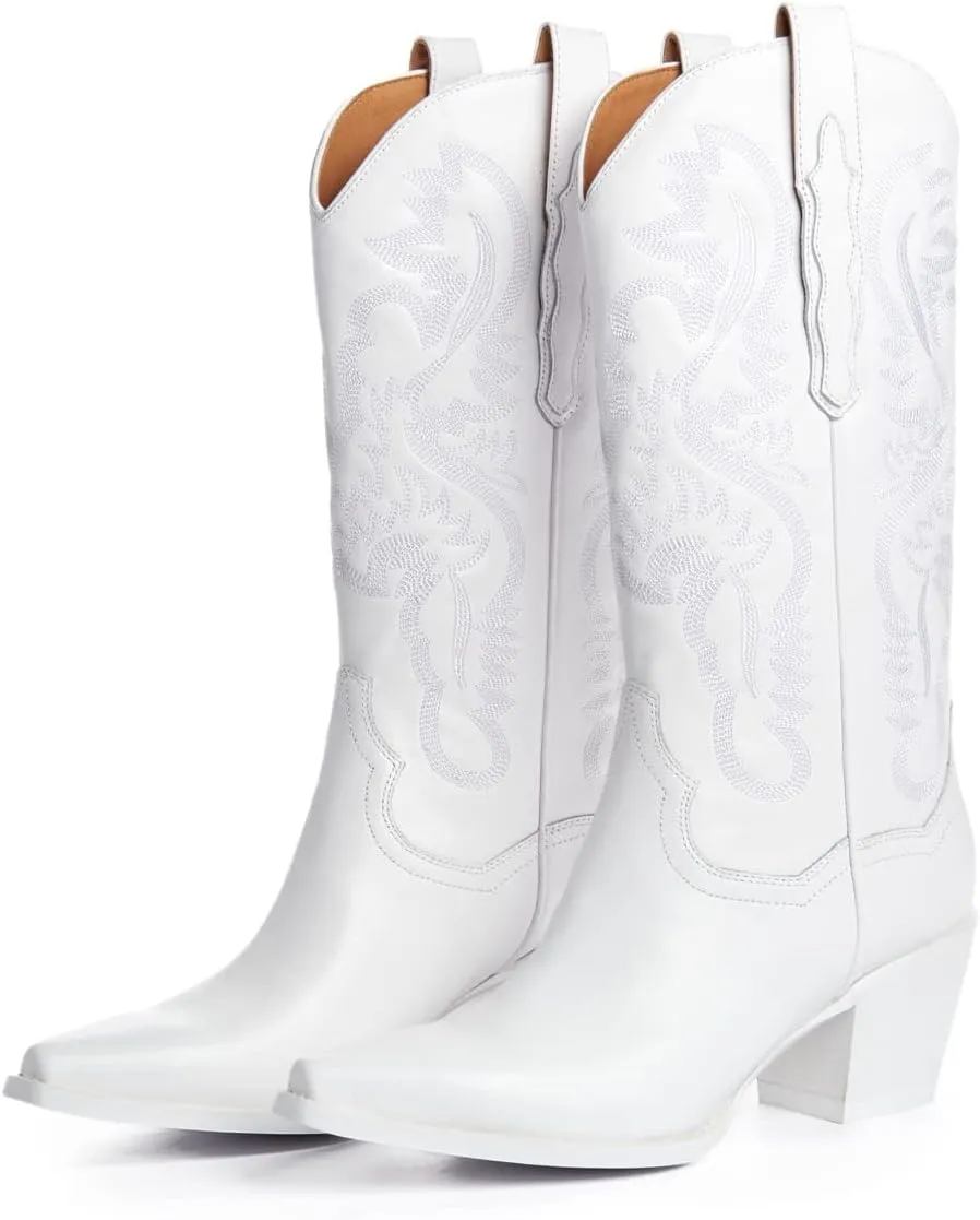 keleimusi Women's Western Embroidered Cowgirl Boots for Women Knee High Wide Calf Cowboy Boots Slip On Pointed Toe Chunky Heel Pull-On Tall Boots