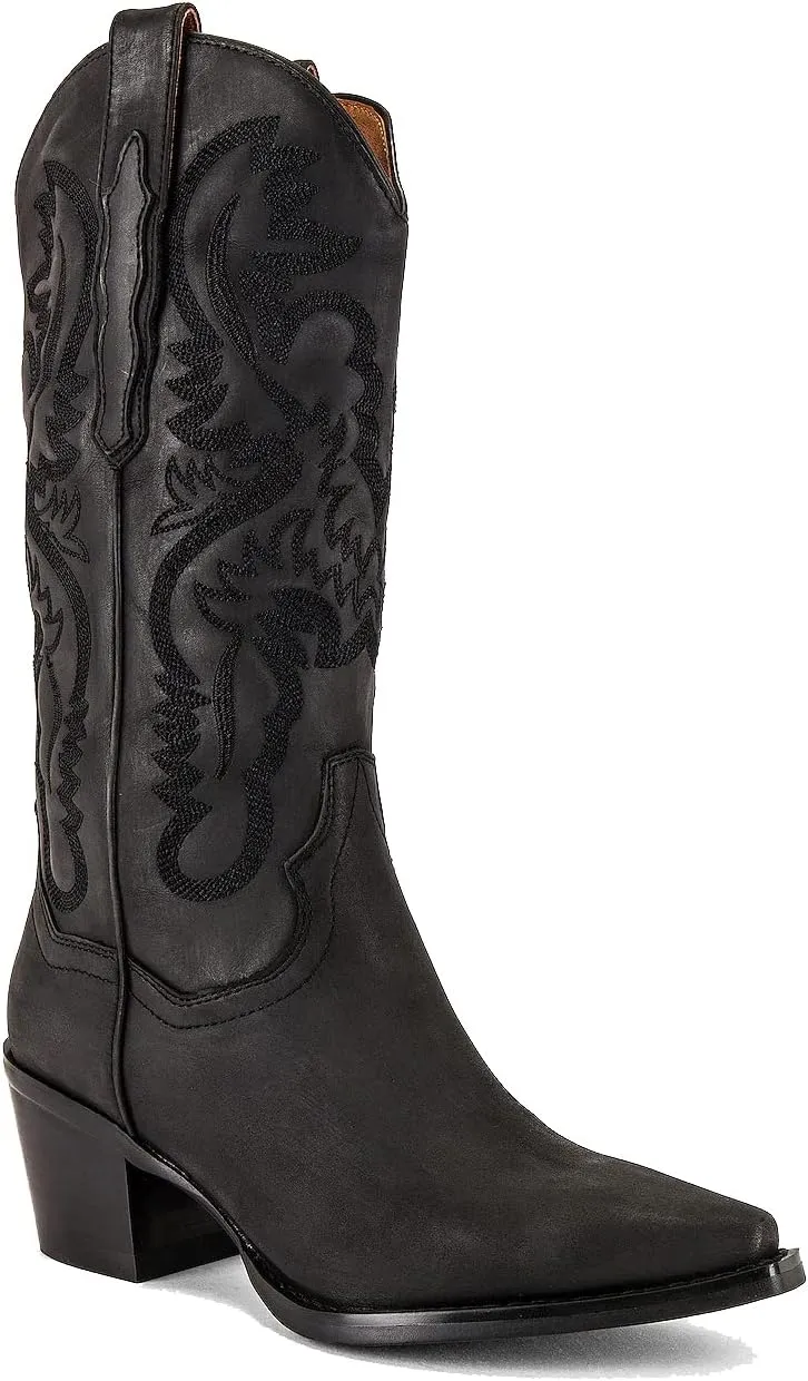 keleimusi Women's Western Embroidered Cowgirl Boots for Women Knee High Wide Calf Cowboy Boots Slip On Pointed Toe Chunky Heel Pull-On Tall Boots