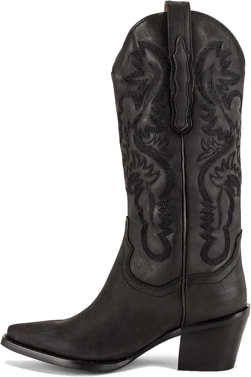 keleimusi Women's Western Embroidered Cowgirl Boots for Women Knee High Wide Calf Cowboy Boots Slip On Pointed Toe Chunky Heel Pull-On Tall Boots