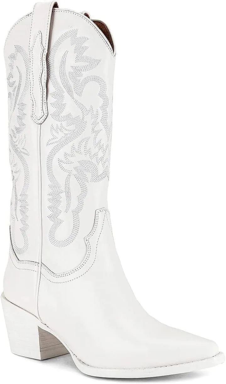 keleimusi Women's Western Embroidered Cowgirl Boots for Women Knee High Wide Calf Cowboy Boots Slip On Pointed Toe Chunky Heel Pull-On Tall Boots