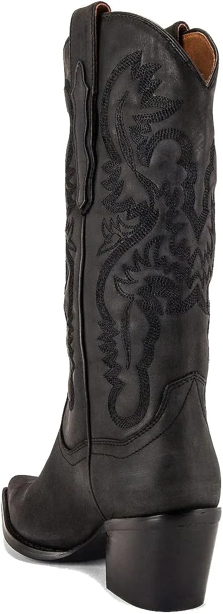 keleimusi Women's Western Embroidered Cowgirl Boots for Women Knee High Wide Calf Cowboy Boots Slip On Pointed Toe Chunky Heel Pull-On Tall Boots