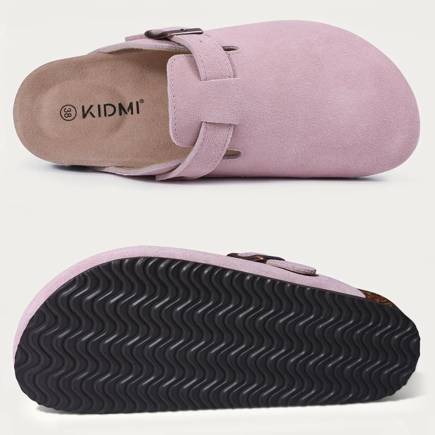 KIDMI Women's Suede Clogs Leather Mules Cork Footbed Sandals Potato Shoes with Arch Support
