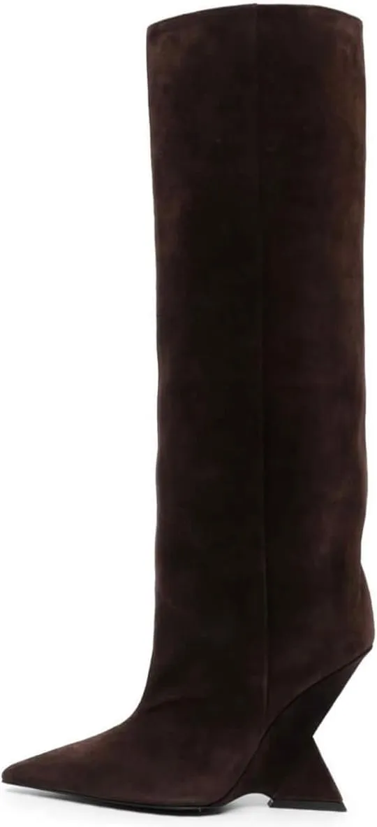 Kluolandi Womens Knee High Boots Sexy Pointed Toe Pull On Strange Wedge Heel Tall Boots for Women