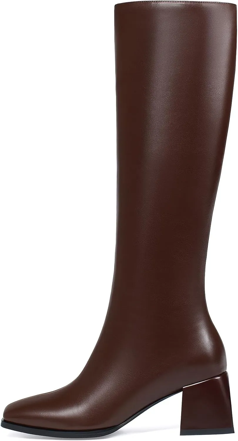 Knee High Boots for Women 70s Boots with Chunky Heel, Square Toe Tall Boots Side Zipper Block Heel Dress Boots