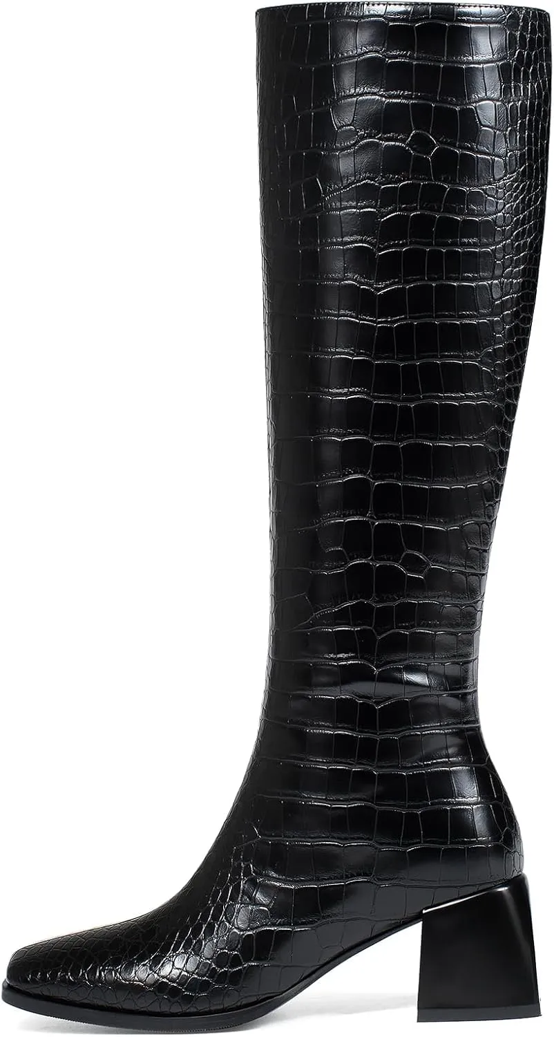 Knee High Boots for Women 70s Boots with Chunky Heel, Square Toe Tall Boots Side Zipper Block Heel Dress Boots