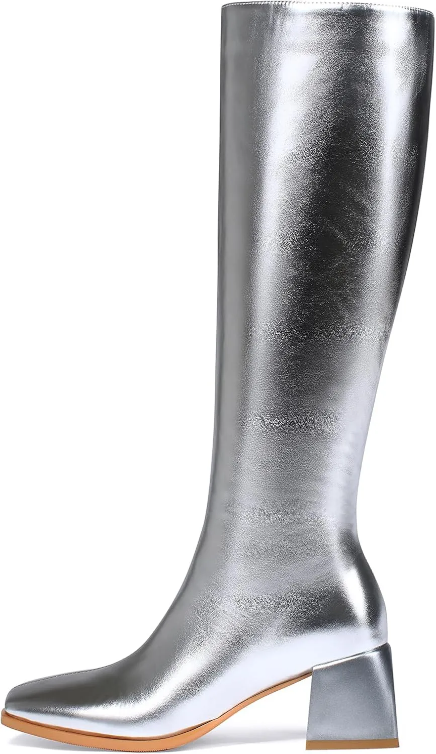 Knee High Boots for Women 70s Boots with Chunky Heel, Square Toe Tall Boots Side Zipper Block Heel Dress Boots