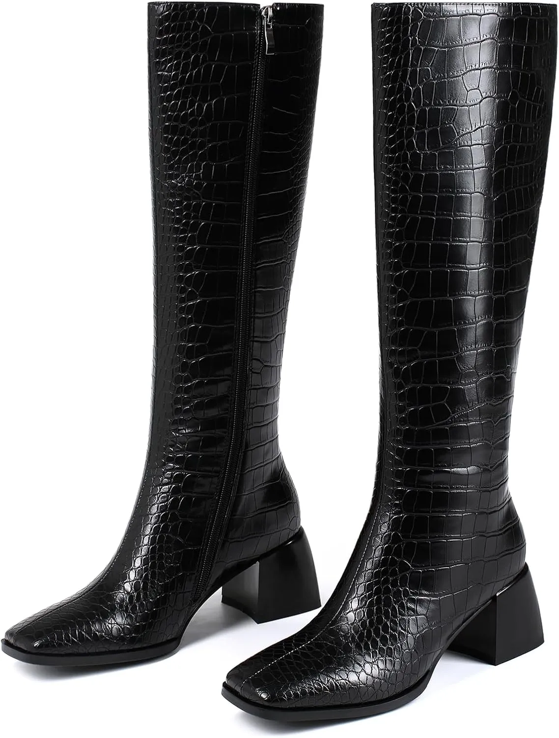 Knee High Boots for Women 70s Boots with Chunky Heel, Square Toe Tall Boots Side Zipper Block Heel Dress Boots