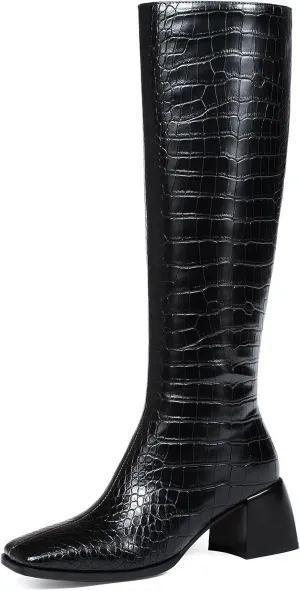 Knee High Boots for Women 70s Boots with Chunky Heel, Square Toe Tall Boots Side Zipper Block Heel Dress Boots