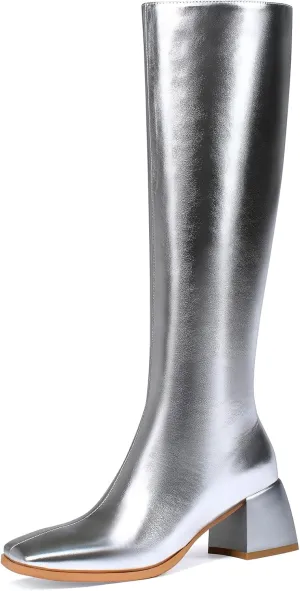 Knee High Boots for Women 70s Boots with Chunky Heel, Square Toe Tall Boots Side Zipper Block Heel Dress Boots