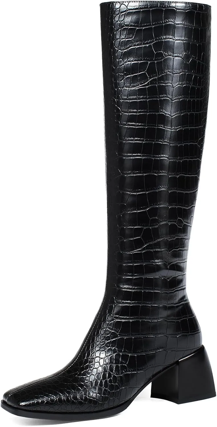 Knee High Boots for Women 70s Boots with Chunky Heel, Square Toe Tall Boots Side Zipper Block Heel Dress Boots