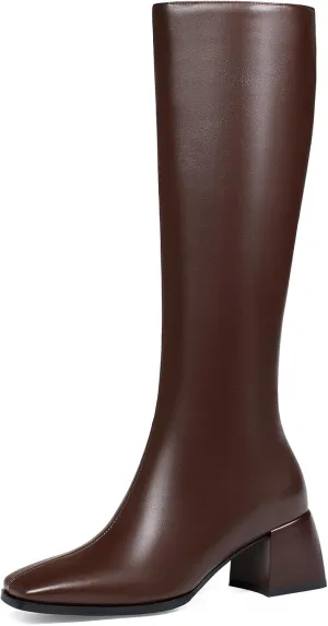 Knee High Boots for Women 70s Boots with Chunky Heel, Square Toe Tall Boots Side Zipper Block Heel Dress Boots