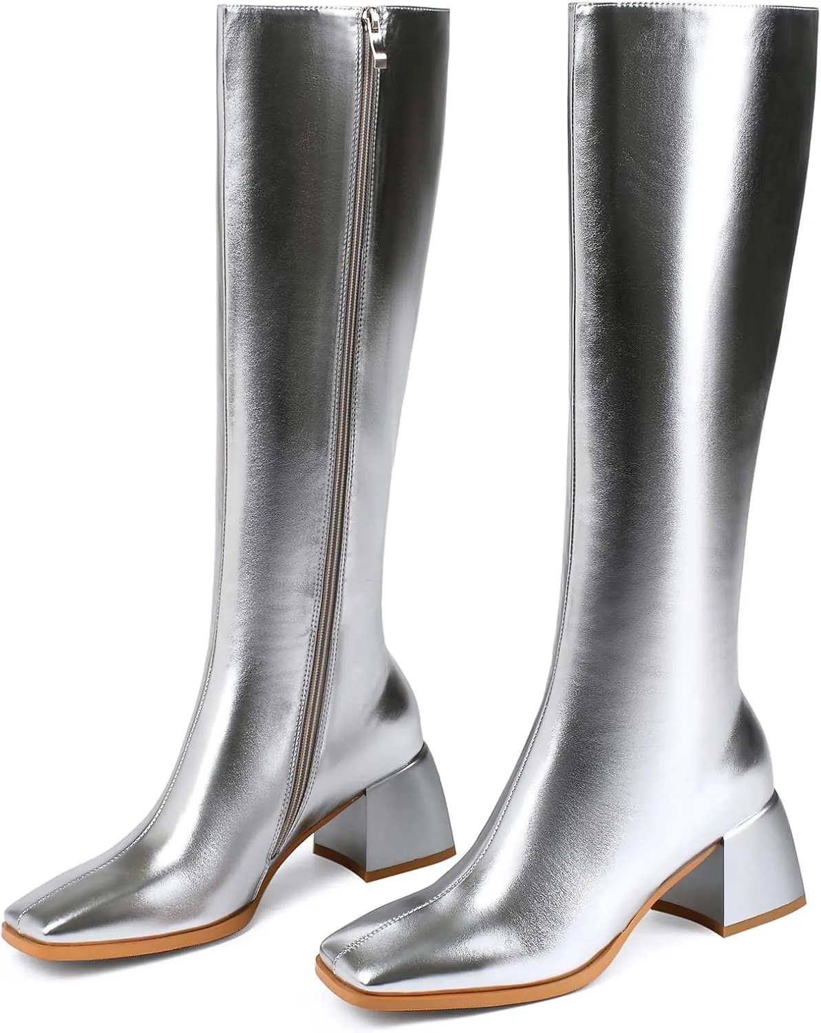 Knee High Boots for Women 70s Boots with Chunky Heel, Square Toe Tall Boots Side Zipper Block Heel Dress Boots