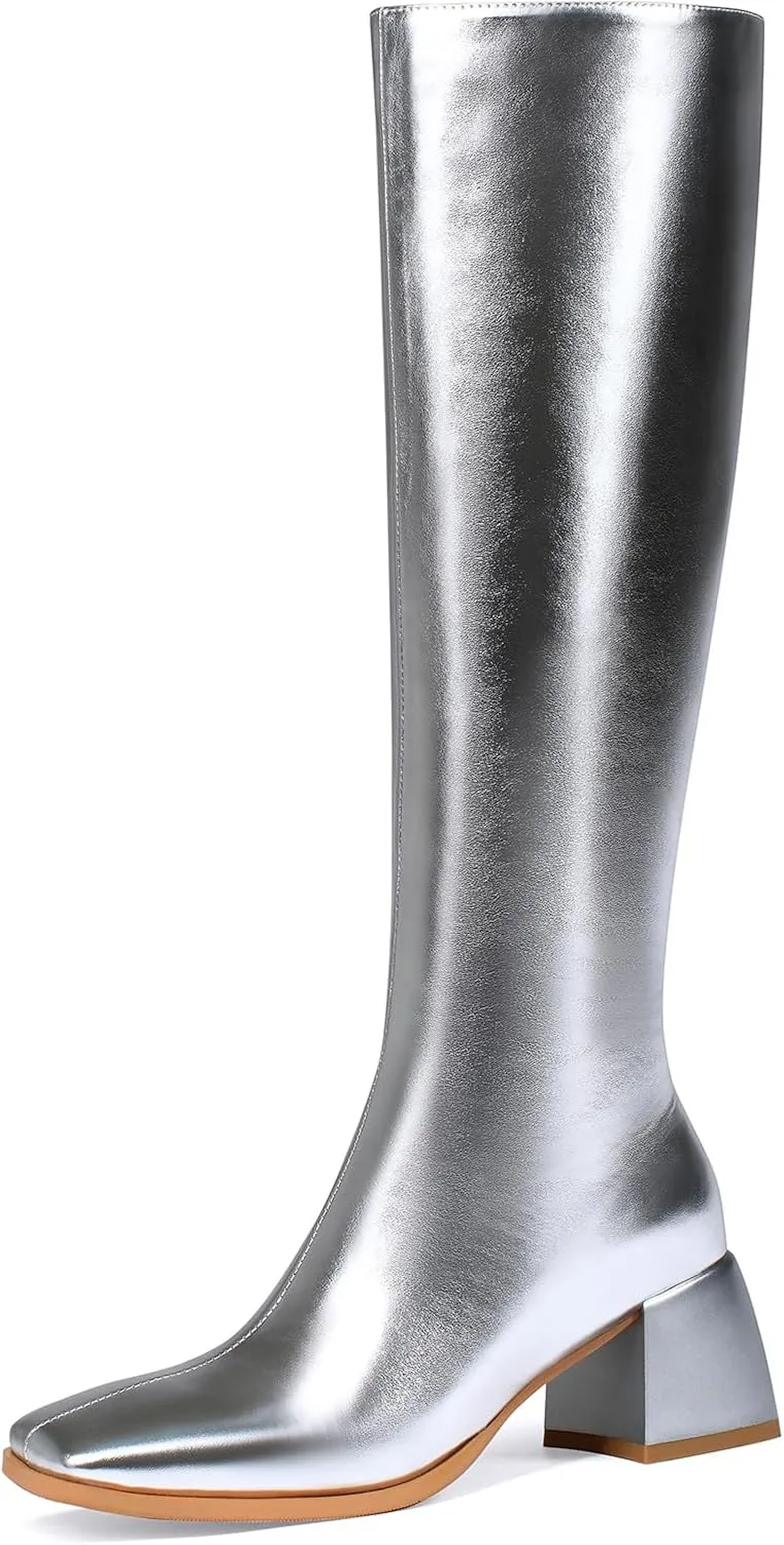 Knee High Boots for Women 70s Boots with Chunky Heel, Square Toe Tall Boots Side Zipper Block Heel Dress Boots