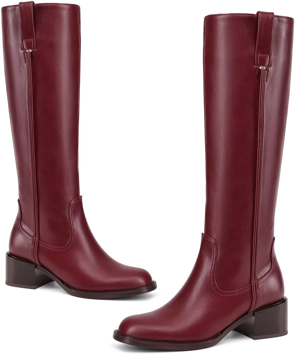 Knee High Boots For Women Chunky Heel Round Toe Leather Patent Boots Low Block Heel Tall Boots With Side Zipper