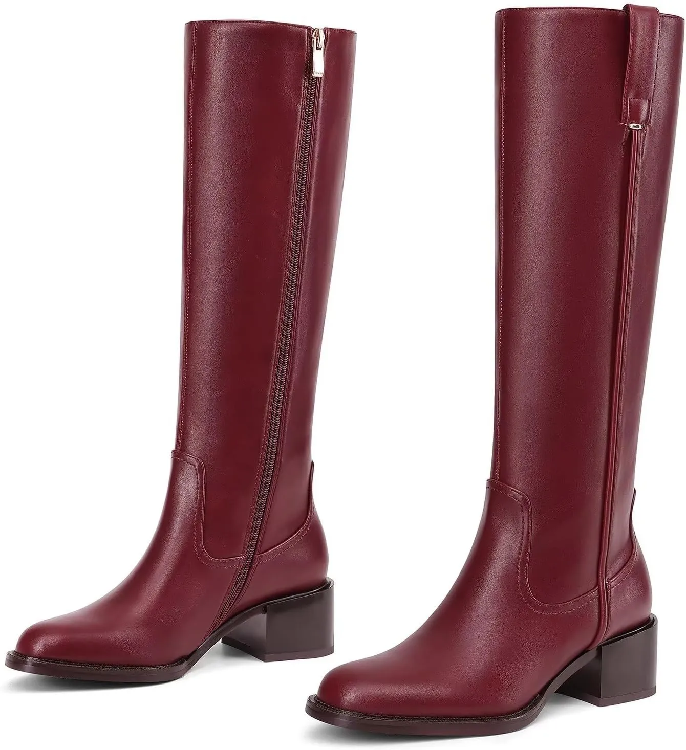 Knee High Boots For Women Chunky Heel Round Toe Leather Patent Boots Low Block Heel Tall Boots With Side Zipper