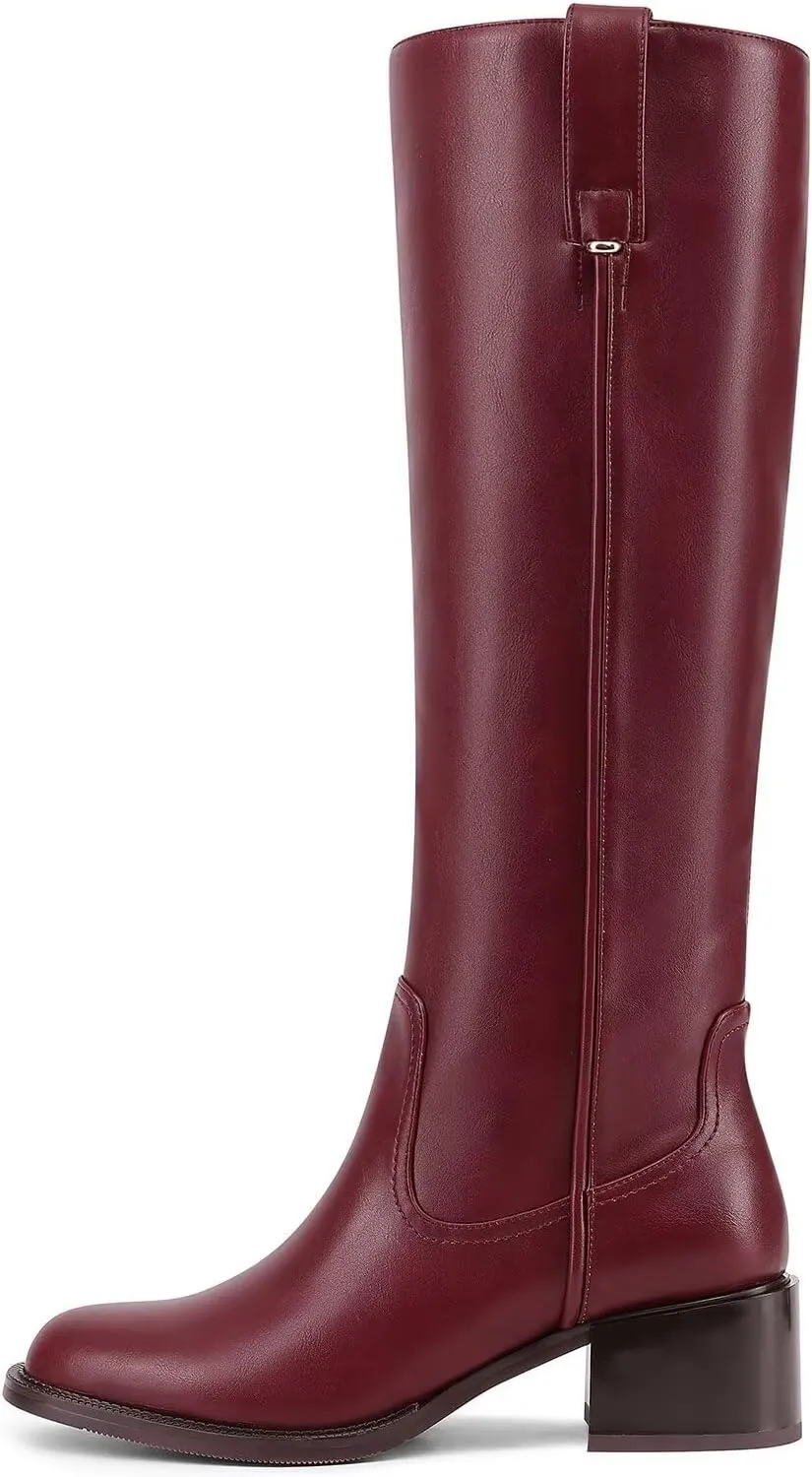 Knee High Boots For Women Chunky Heel Round Toe Leather Patent Boots Low Block Heel Tall Boots With Side Zipper