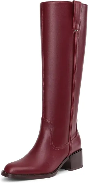 Knee High Boots For Women Chunky Heel Round Toe Leather Patent Boots Low Block Heel Tall Boots With Side Zipper