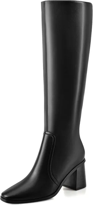 Knee High Boots for Women Chunky Heel Square Toe Tall Boots Wide Calf Fashion Long Boot with Side Zipper