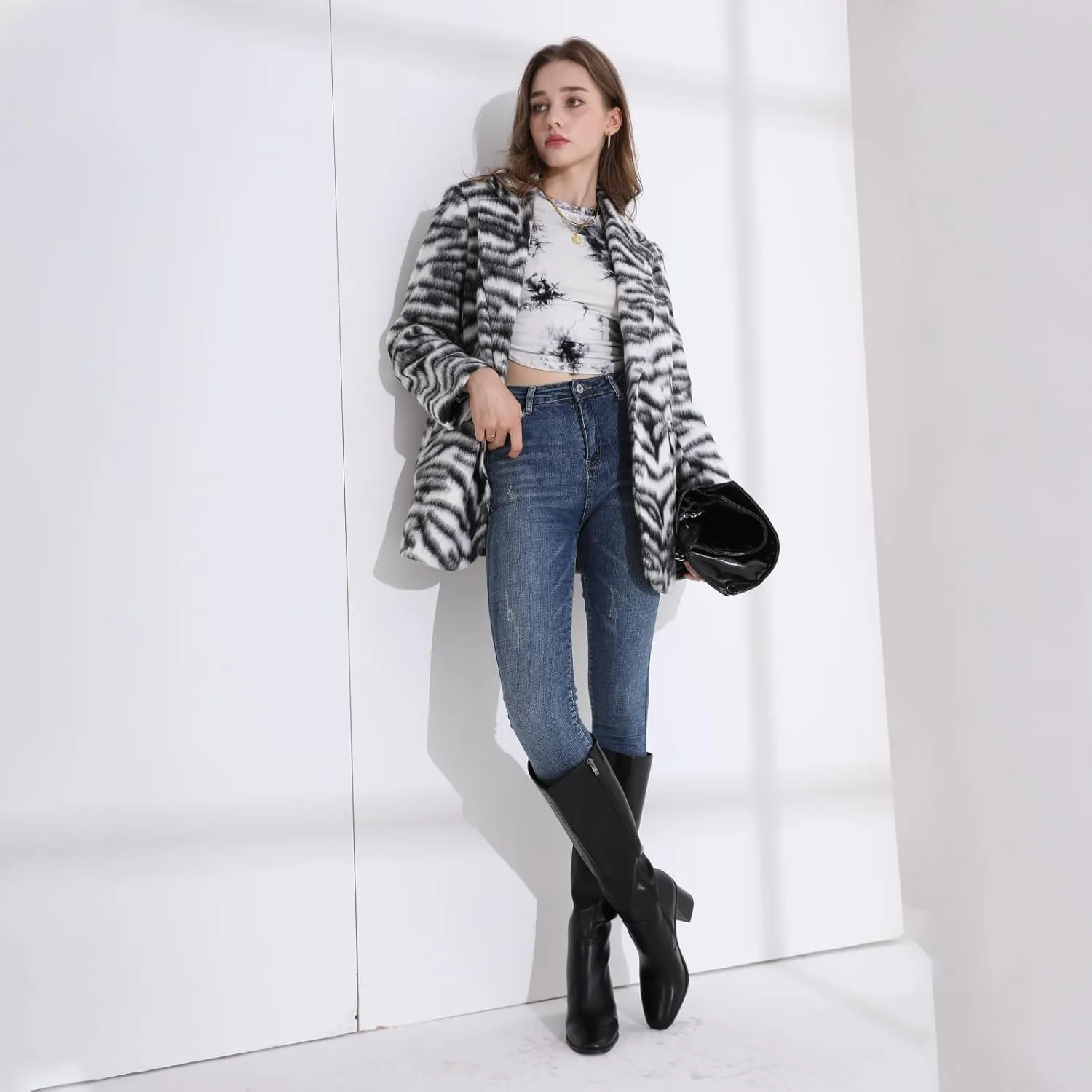 Knee High Boots for Women Chunky Heel Square Toe Tall Boots Wide Calf Fashion Long Boot with Side Zipper