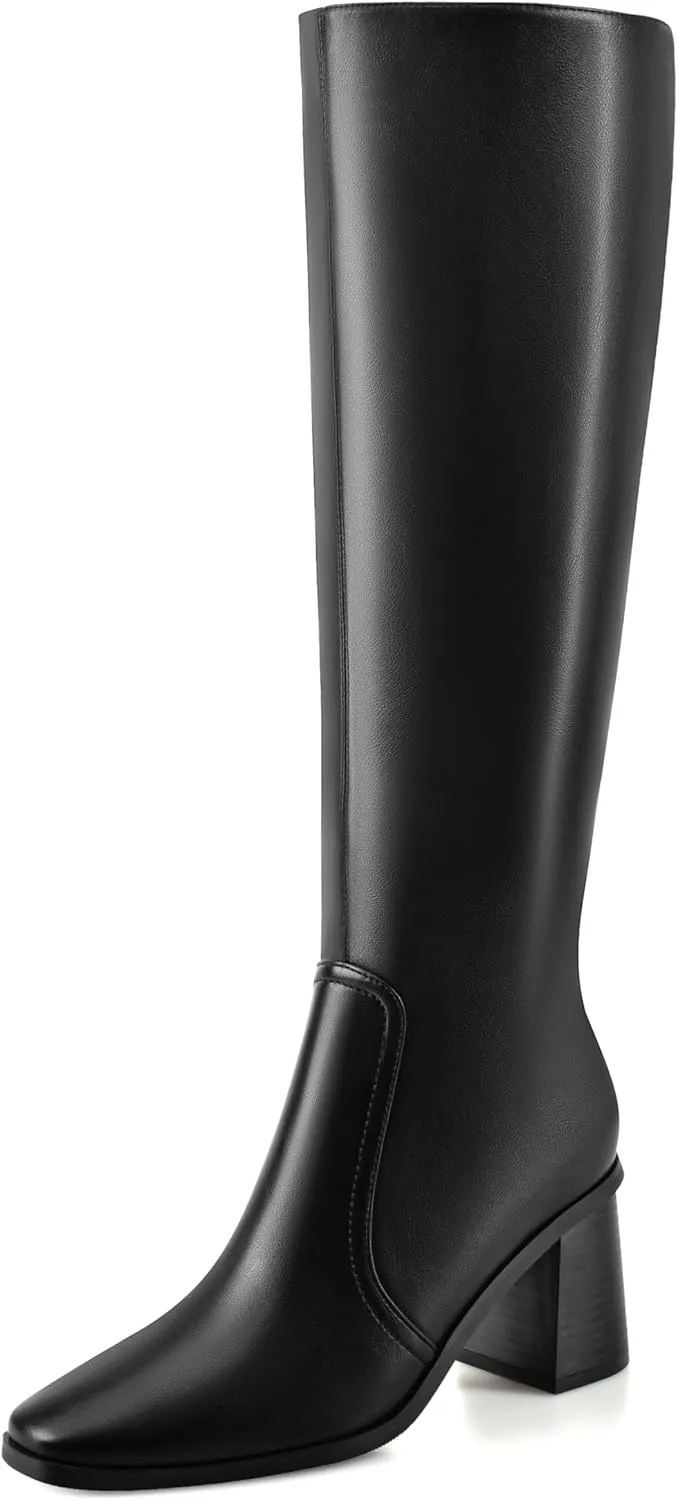 Knee High Boots for Women Chunky Heel Square Toe Tall Boots Wide Calf Fashion Long Boot with Side Zipper