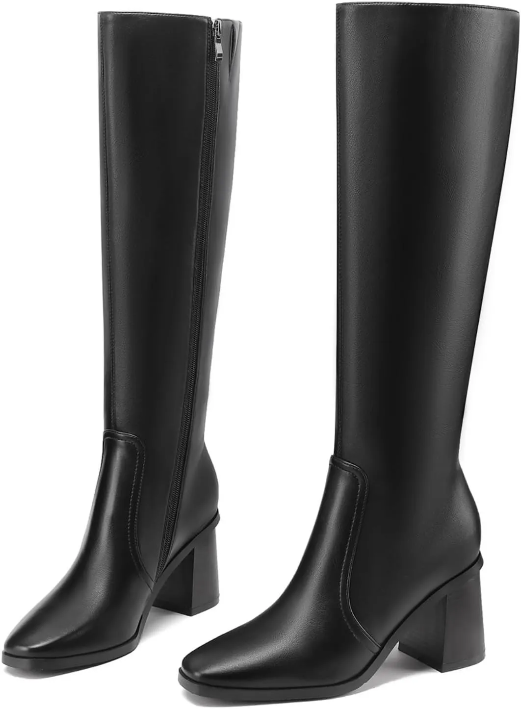 Knee High Boots for Women Chunky Heel Square Toe Tall Boots Wide Calf Fashion Long Boot with Side Zipper
