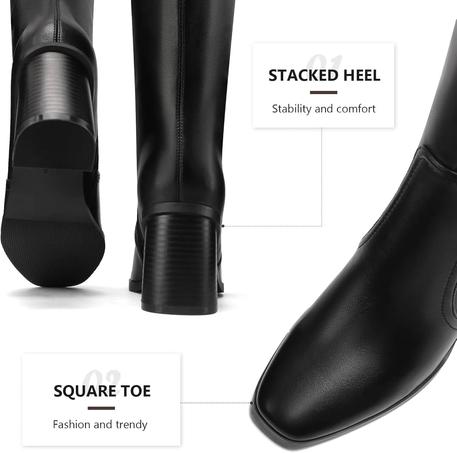 Knee High Boots for Women Chunky Heel Square Toe Tall Boots Wide Calf Fashion Long Boot with Side Zipper