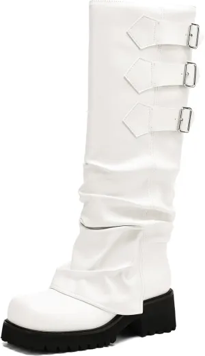 Knee High Boots for Women Fold Over Boots Slouchy Square Toe Biker Boots Platform Riding Boots Gothic Moto Buckle Boots