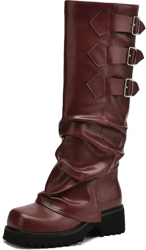 Knee High Boots for Women Fold Over Boots Slouchy Square Toe Biker Boots Platform Riding Boots Gothic Moto Buckle Boots