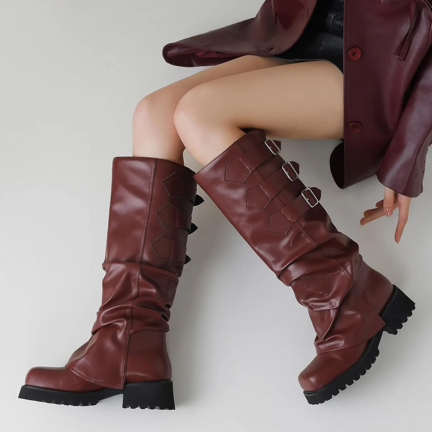 Knee High Boots for Women Fold Over Boots Slouchy Square Toe Biker Boots Platform Riding Boots Gothic Moto Buckle Boots