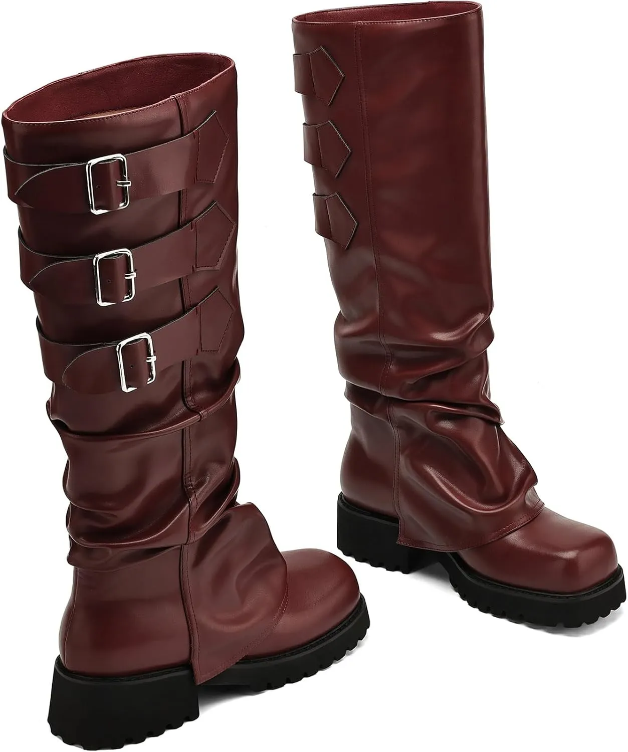 Knee High Boots for Women Fold Over Boots Slouchy Square Toe Biker Boots Platform Riding Boots Gothic Moto Buckle Boots