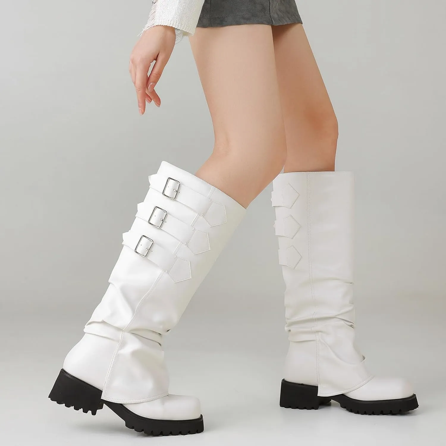 Knee High Boots for Women Fold Over Boots Slouchy Square Toe Biker Boots Platform Riding Boots Gothic Moto Buckle Boots
