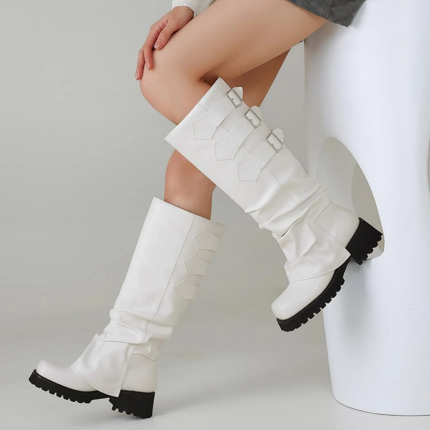 Knee High Boots for Women Fold Over Boots Slouchy Square Toe Biker Boots Platform Riding Boots Gothic Moto Buckle Boots