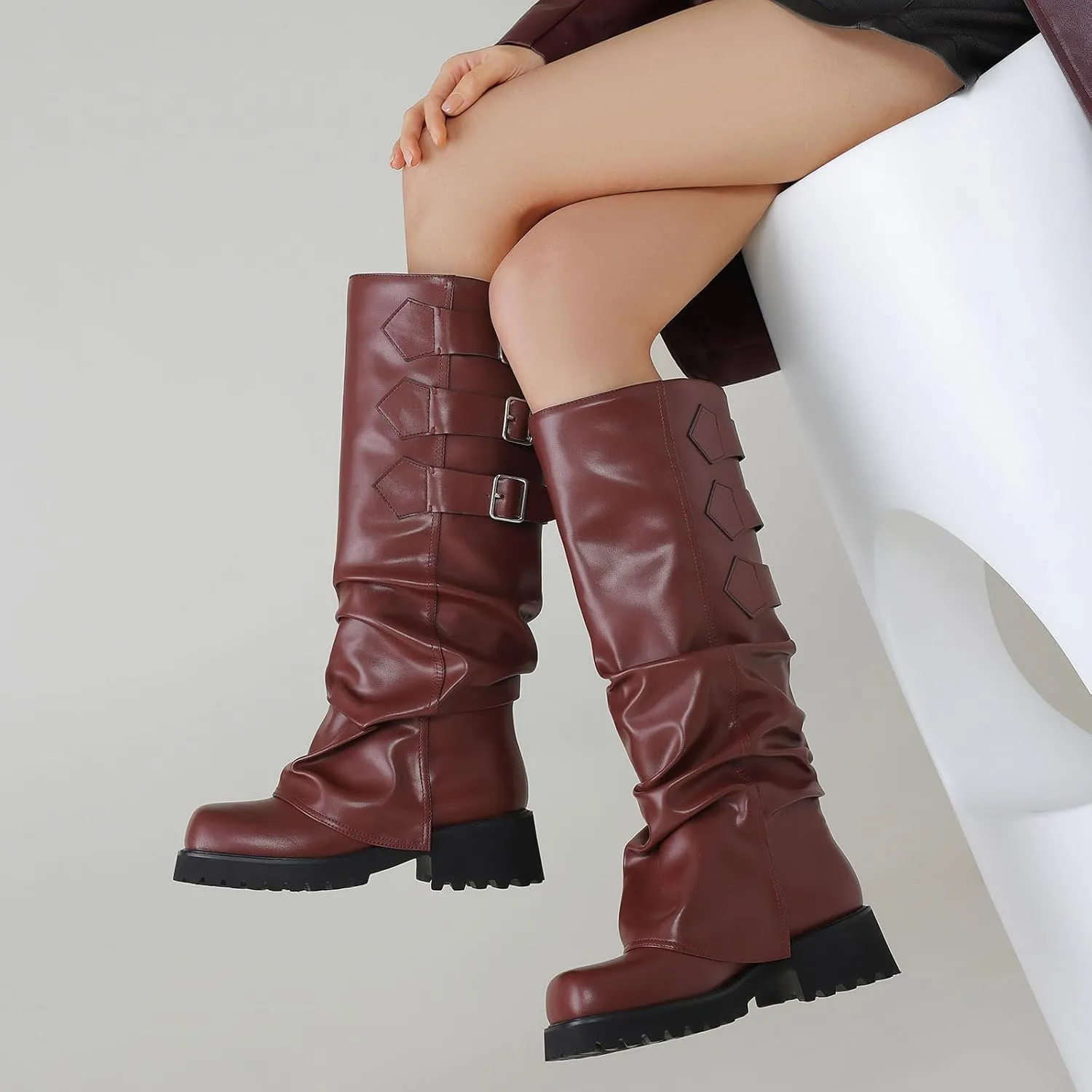Knee High Boots for Women Fold Over Boots Slouchy Square Toe Biker Boots Platform Riding Boots Gothic Moto Buckle Boots