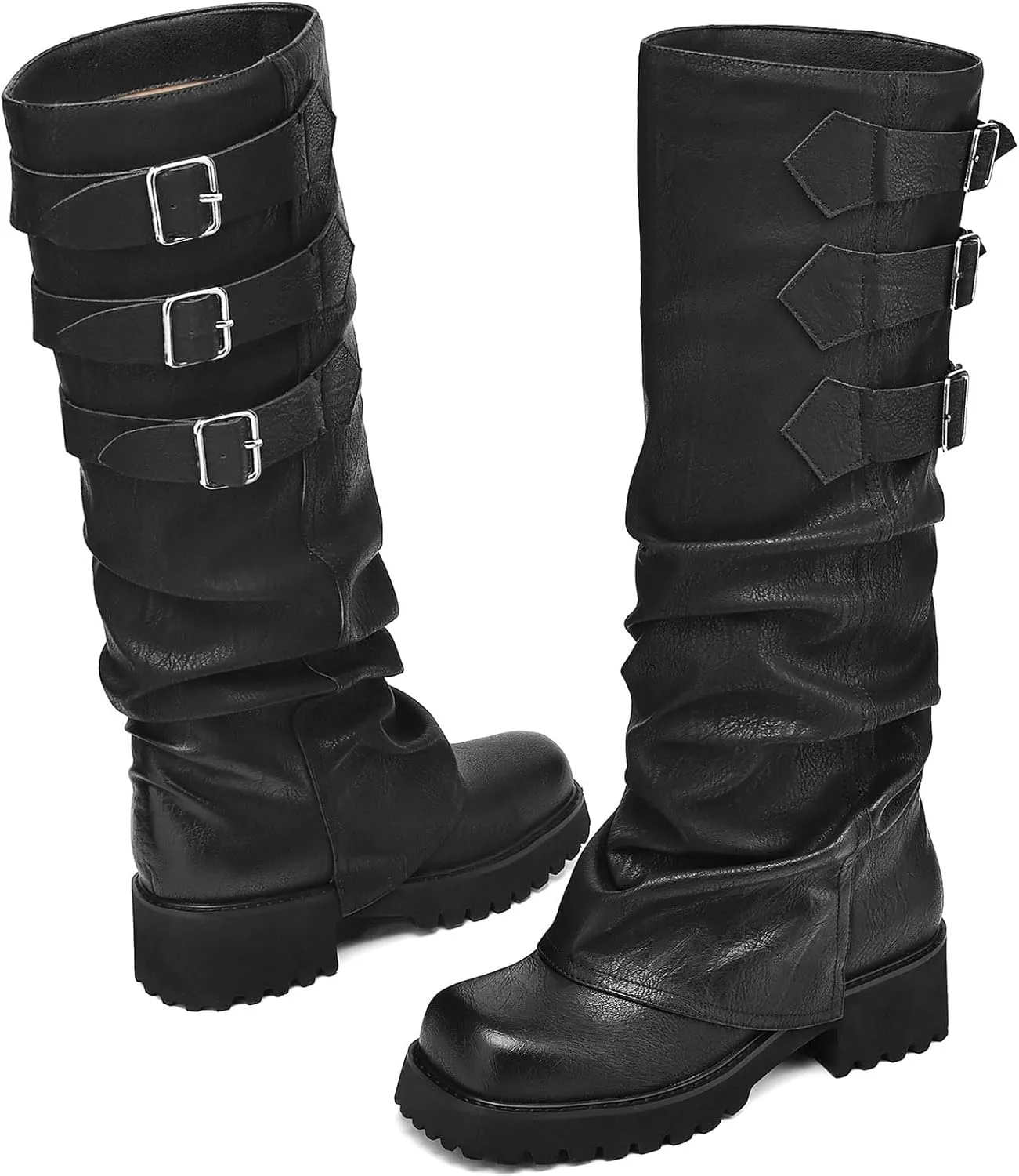 Knee High Boots for Women Fold Over Boots Slouchy Square Toe Biker Boots Platform Riding Boots Gothic Moto Buckle Boots