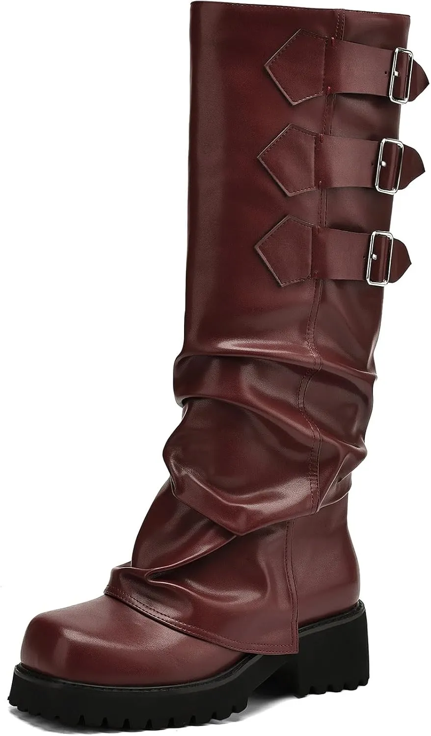 Knee High Boots for Women Fold Over Boots Slouchy Square Toe Biker Boots Platform Riding Boots Gothic Moto Buckle Boots