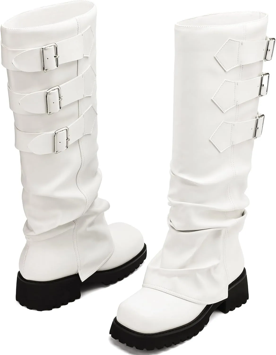 Knee High Boots for Women Fold Over Boots Slouchy Square Toe Biker Boots Platform Riding Boots Gothic Moto Buckle Boots