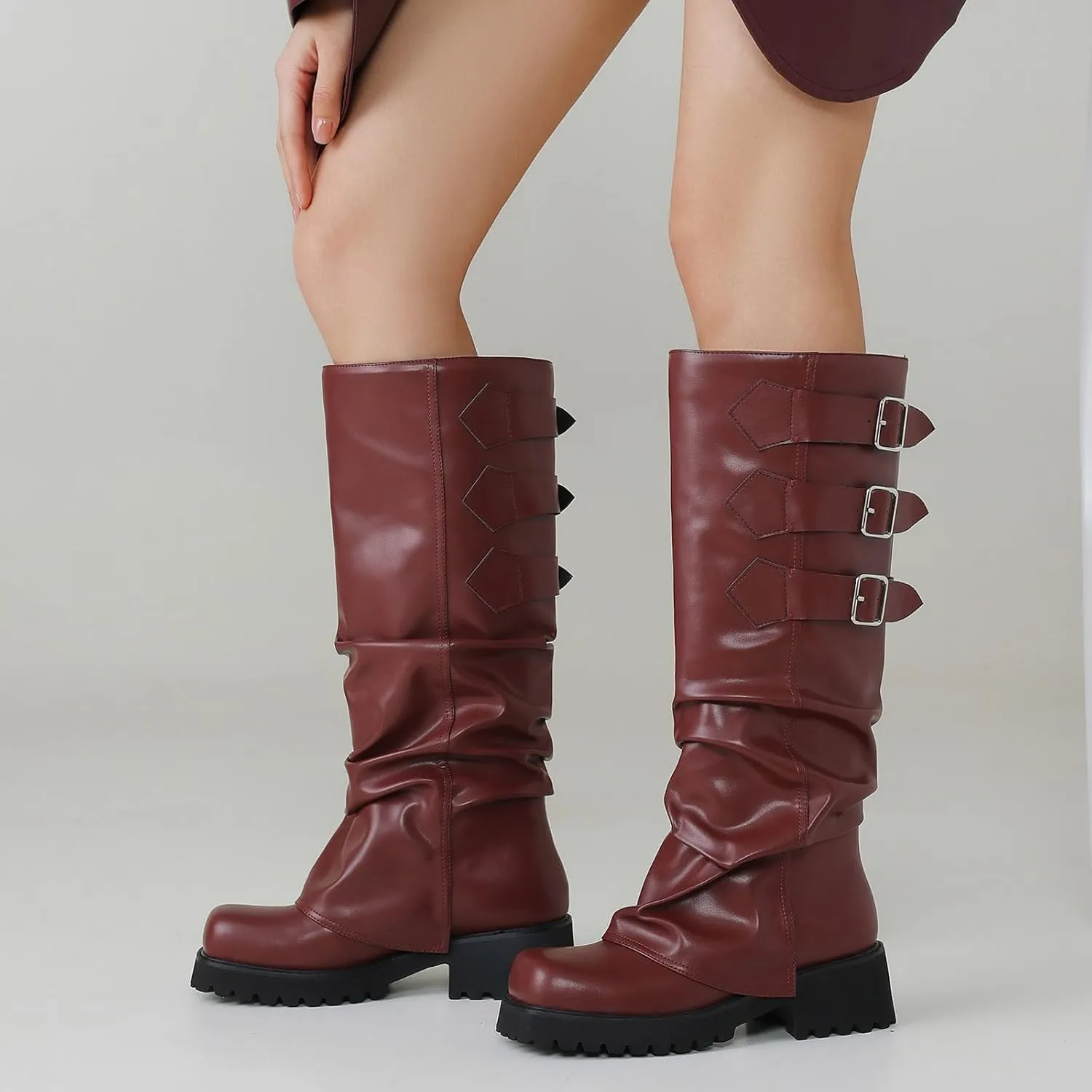 Knee High Boots for Women Fold Over Boots Slouchy Square Toe Biker Boots Platform Riding Boots Gothic Moto Buckle Boots