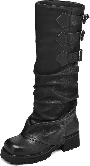 Knee High Boots for Women Fold Over Boots Slouchy Square Toe Biker Boots Platform Riding Boots Gothic Moto Buckle Boots