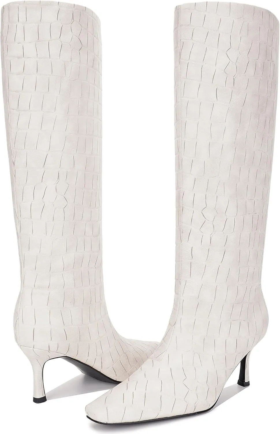 Knee High Boots for Women Wide Calf Square Toe Kitten Low Heel Crocodile Boots Pull on Tall Boots Below the Knee Long Dress Boots